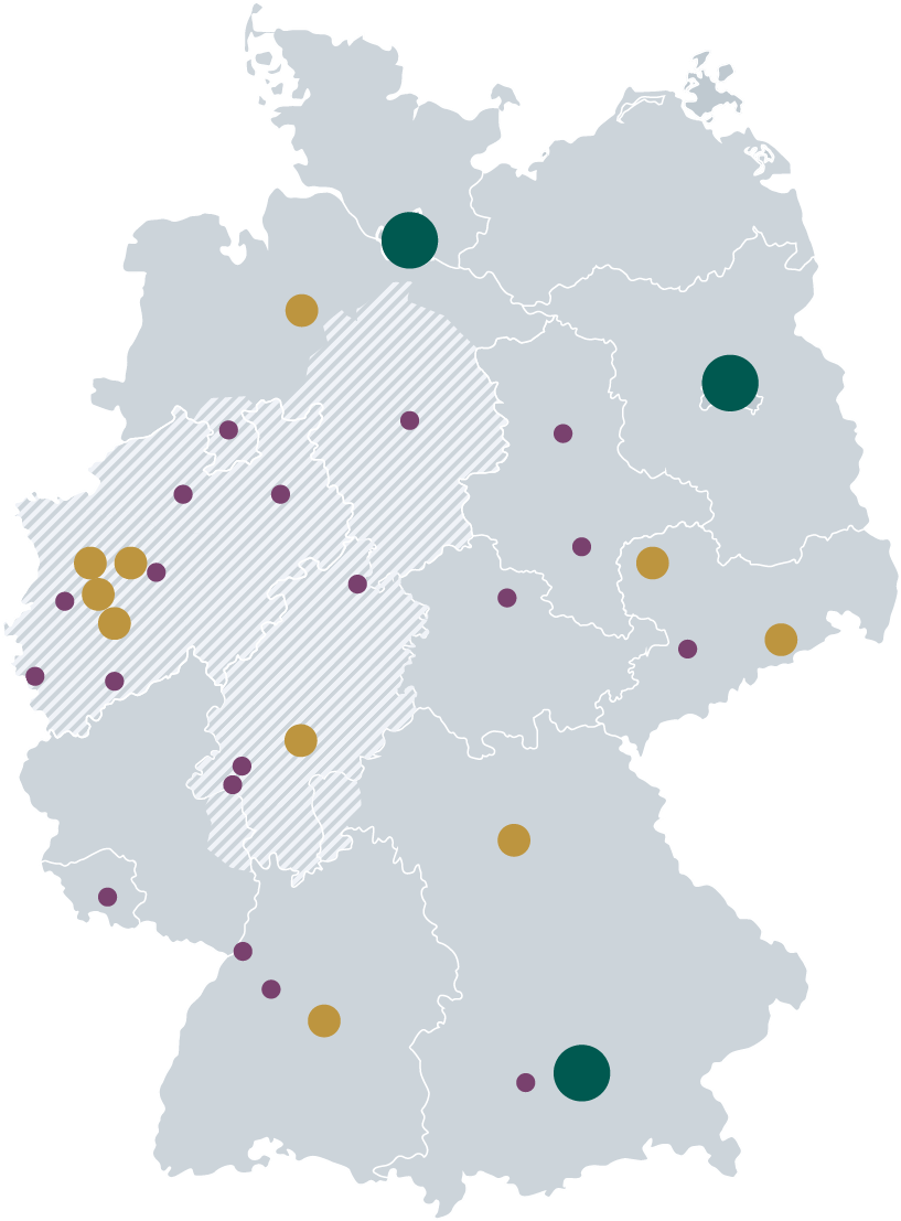 Die Grafik zeigt eine Landkarte Deutschlands in dem Nordrhein-Westfalen, Hessen und Teile Niedersachsens als bevorzugte Metropolregionen gekennzeichnet sind. Zudem sind im Land verteilt die Städte B-, C- und D-Lagen mit entsprechend kleiner werdenden Punkten markiert.